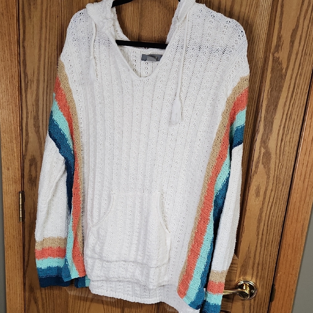 Natural Reflections White V-Neck Sweater with Multicolor Stripes